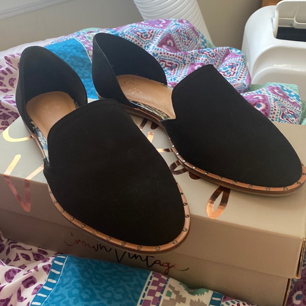 Crown Vintage Black Suede D'Orsay Flats with Studded Trim